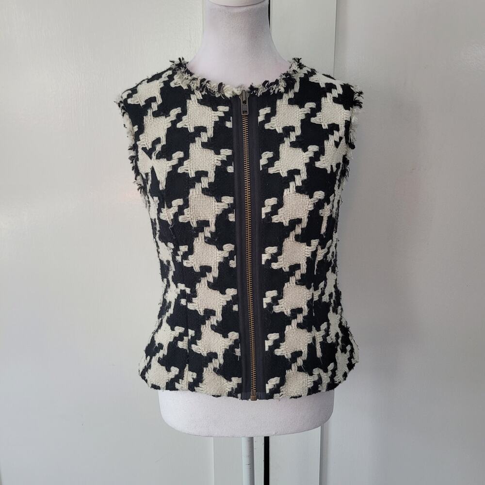 cabi Size S Houndstooth Print Knit Full Zip Fringe Edge‎ Sheath Vest